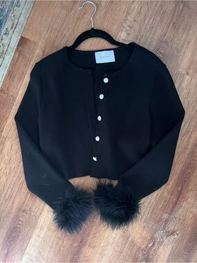 SLEEPER | Black Cropped Cardigan with Faux Fur Cuffs